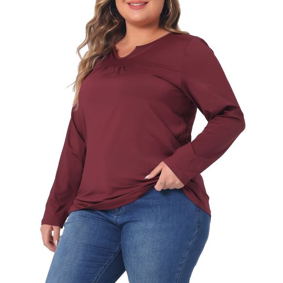 Plus Size Blouse Long Sleeve T-Shirt Notched Neck Loose Casual Top Burgundy - Picture 2 of 4